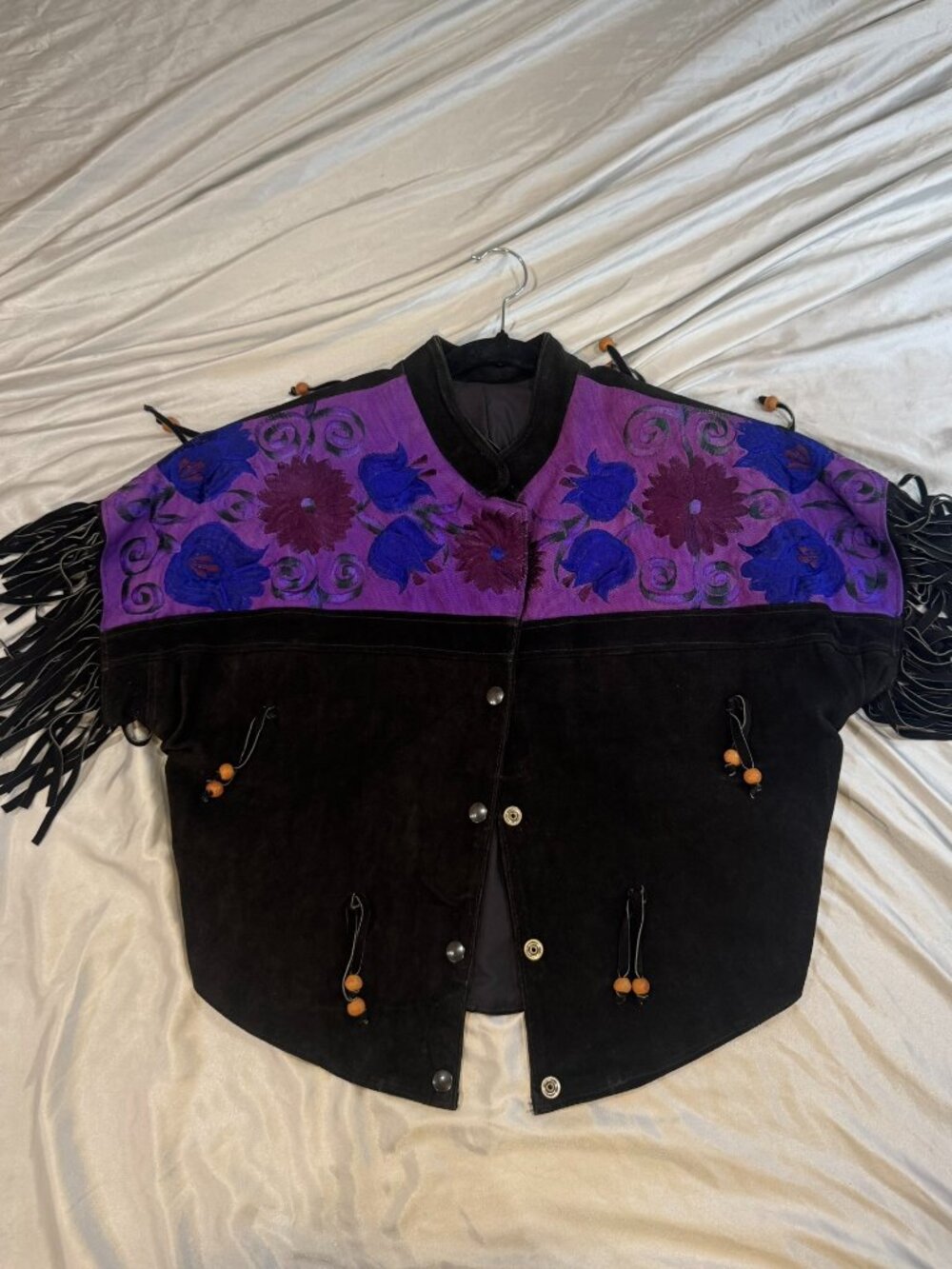 Vintage 90s Chasser Black Suede Fringe Emroidered Jacket L